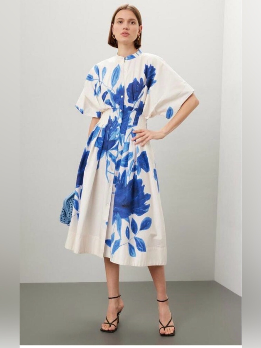 Natori Andora Floral Midi Dress Size 8 Blue White Quiet Luxury Coastal Preppy